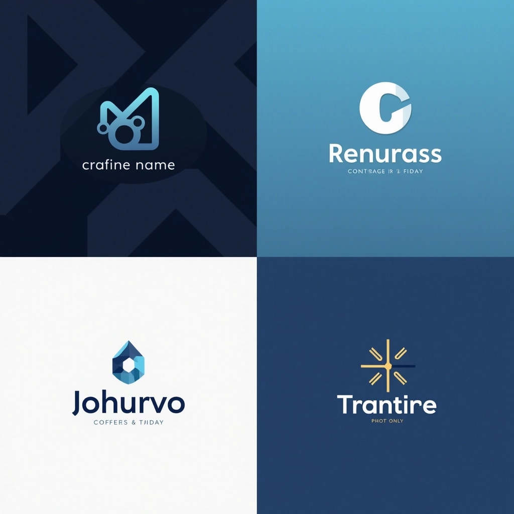 1. **Color Palette**: Change the gold to silver or a gradient of blue.

2. **Shapes**:
   - Replace the circular motifs with hexagons or triangles.
   - Experiment with sharp angles instead of soft curves in some logos.

3. **Typography**: Use a modern sans-serif font instead of the current typeface for the company name and tagline.

4. **Layout**: Rearrange some logos to create a more dynamic visual flow, such as placing the logos in a diagonal arrangement rather than a grid.

5. **Negative Space**: Incorporate more negative space in certain logos to enhance simplicity and elegance.

6. **Imagery**: Introduce abstract symbols representing technology or nature in a few designs.

7. **Brand References**: Remove any placeholder text for company names and taglines to create a more generic presentation. 

Make sure to adjust each logo design to reflect these changes while maintaining a professional appearance.