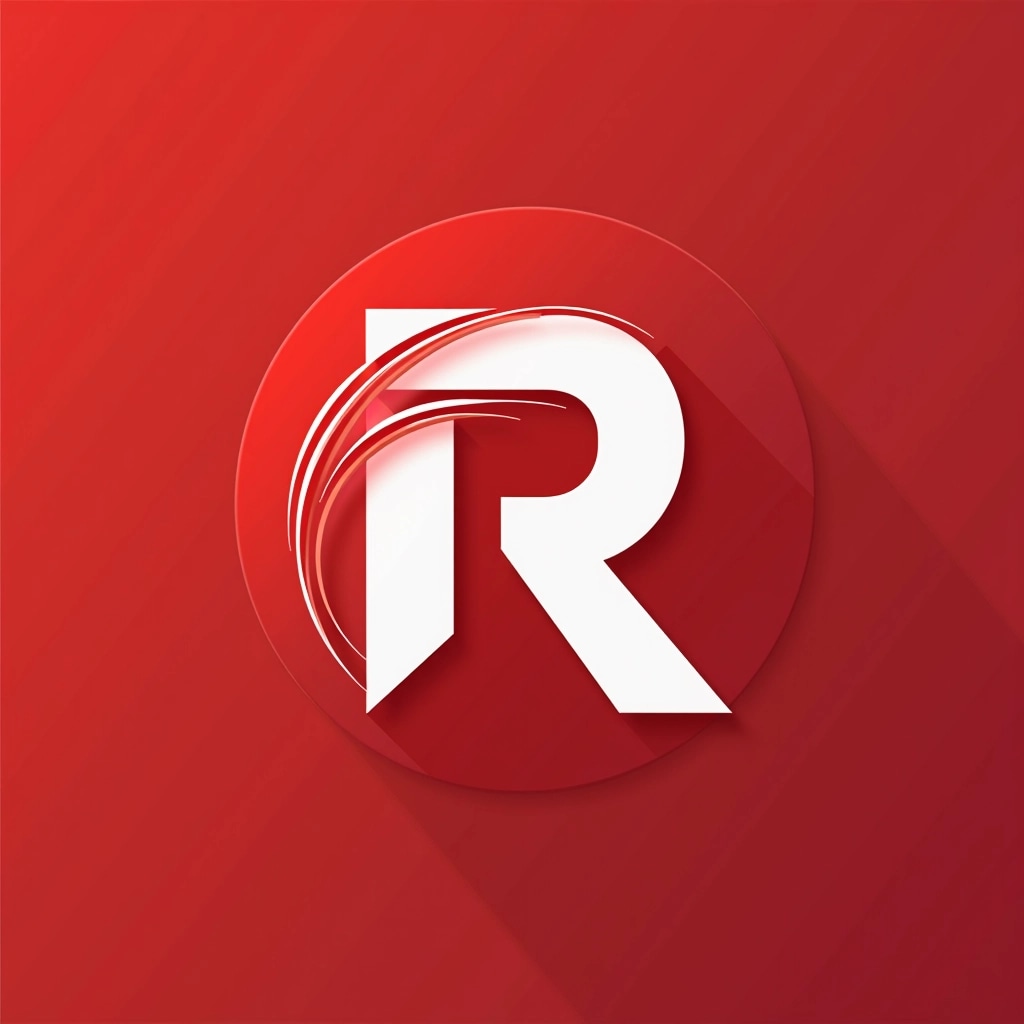 Create a logo design featuring a bold, stylized letter "R" in a vibrant red color. Incorporate a circular graphic element in the background that suggests movement or continuity, using a lighter shade of red. Remove any references to existing brands and ensure the font is modern and dynamic. Include subtle curved lines around the letter to add a sense of energy and modernity. The overall design should convey a feeling of innovation and creativity while maintaining simplicity and clarity.