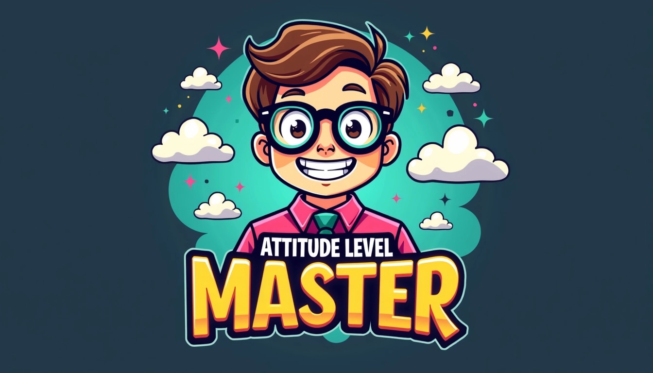 Design a cartoon character with a confident grin, wearing oversized round glasses and a colorful tie instead of a pink shirt. The character should be surrounded by stylized, vibrant clouds. Change the text to read "ATTITUDE LEVEL: MASTER" in bold, playful letters. Use a gradient from yellow to turquoise for the text and place it against a dark background for contrast.
