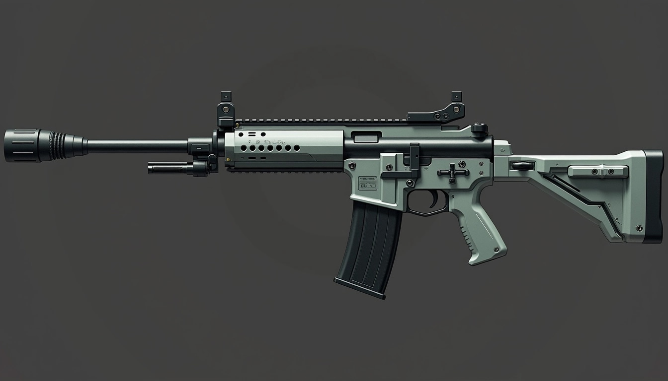 Design a futuristic sniper rifle with the following modifications:
1. Change the color scheme to a matte gray with dark green accents.
2. Replace the barrel with a more streamlined, tapered design.
3. Add a digital display on the side for advanced targeting features.
4. Remove any visible branding or model numbers for a generic appearance.
5. Modify the stock to have a more ergonomic shape with a slight curve.
Focus on a sleek, high-tech aesthetic.