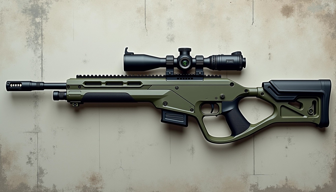 Design a futuristic sniper rifle with the following features:
1. **Color Scheme**: Use a matte gray and dark green finish instead of light brown.
2. **Stock Design**: Opt for a more angular, geometric stock shape that gives a more aggressive look.
3. **Barrel**: Extend the barrel and incorporate cooling vents along the top side.
4. **Scope**: Replace the linear scope with a digital holographic sight that has a wider profile.
5. **Grip**: Modify the grip to be more ergonomic with rubberized textures for better handling.
6. **Compartment**: Add a small integrated compartment for extra ammunition storage on the side.
7. **Environment**: Set the rifle against a textured concrete background instead of a plain one to give it a more tactical feel.
Focus on a sleek, modern aesthetic while ensuring it feels functional and robust.