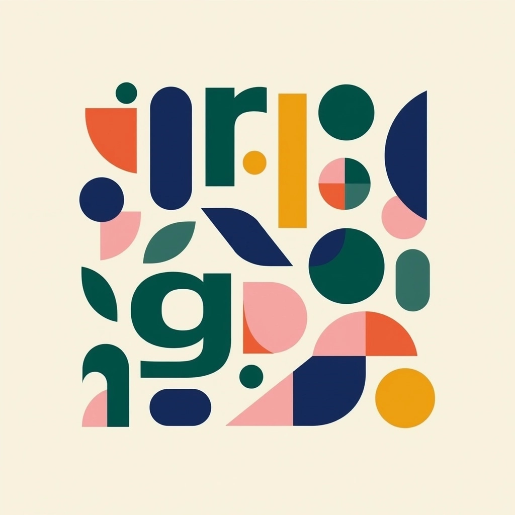 Create a design featuring an abstract composition of random geometric shapes and letters in various sizes and orientations. Use a vibrant color palette with shades of blue, green, pink, and yellow. The background should be a subtle off-white to provide contrast. The arrangement should be chaotic yet visually balanced, avoiding any brand references.