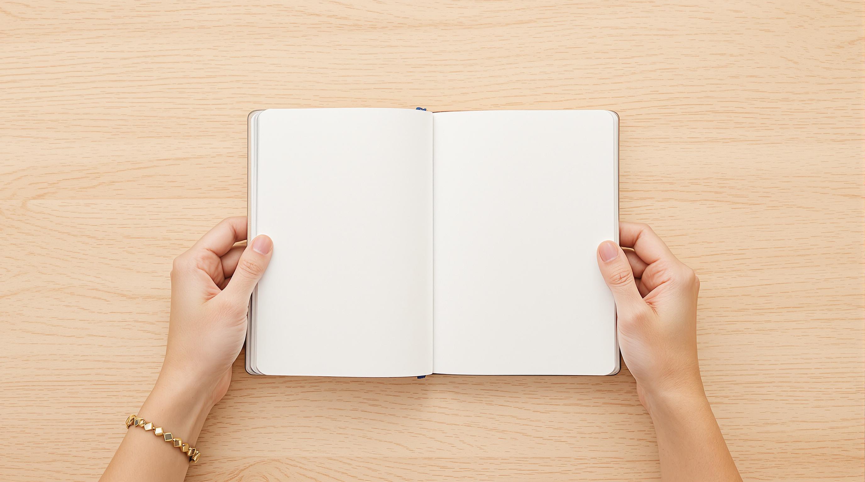 **Design Breakdown Prompt:**
- **Image Composition**: A centered open notebook with blank pages.
- **Background**: A natural wooden surface with texture and warm tones, creating a cozy atmosphere.
- **Hands Positioning**: Two hands are gently holding the edges of the notebook, suggesting engagement with the content.
- **Color Palette**: Soft, neutral colors for the hands and a light wood background to enhance warmth.
- **Features to Change**:
- Replace the notebook with a sketchbook that has a textured cover.
- Alter the hands to showcase different skin tones and add a bracelet on one wrist.
- **Remove Brand References**: Ensure no logos or brand names are visible.
This design maintains a focus on creativity and personal engagement while introducing new elements.