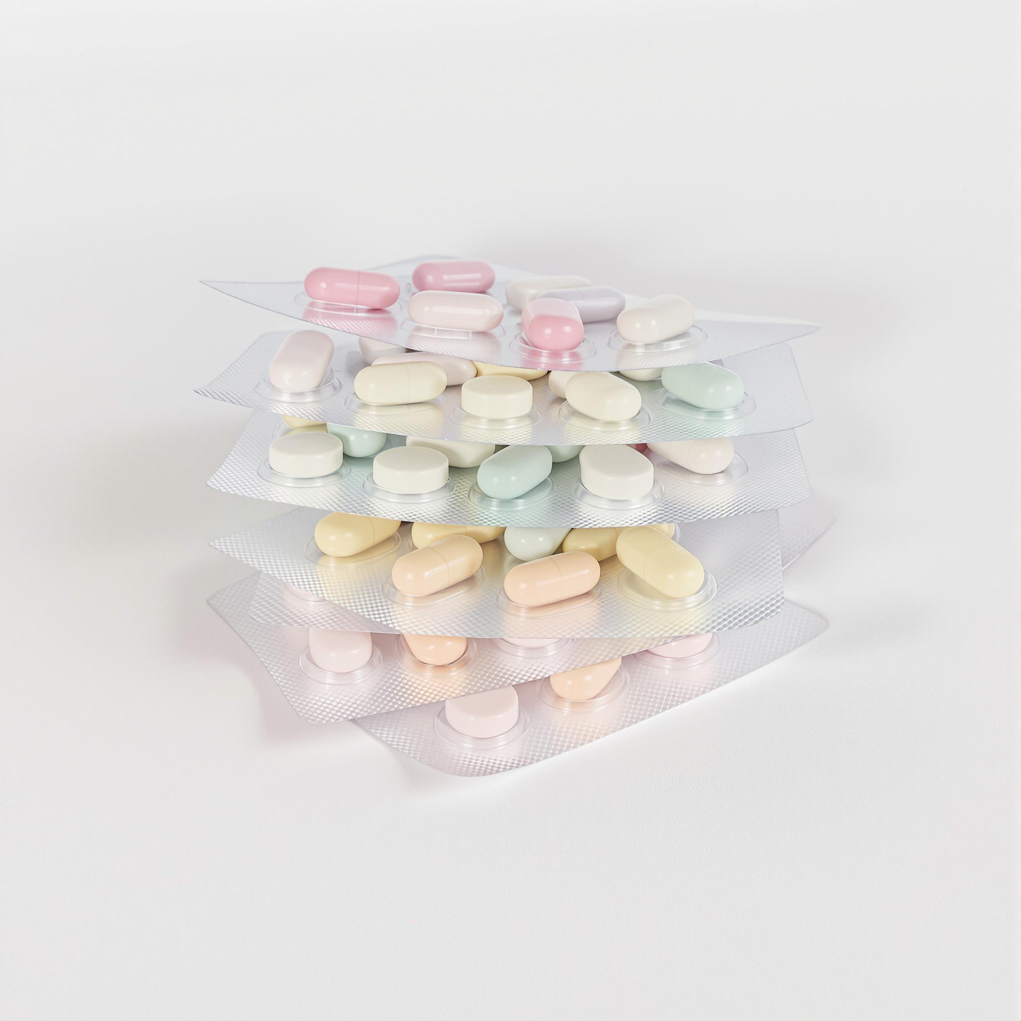 Create an image featuring several transparent blister packs stacked in a slightly tilted manner. Each pack should contain differently colored capsules and tablets, replacing the existing colors with pastel shades like soft pink, light green, and pale yellow. The background should be a smooth white surface with soft shadows under the packs to give a slight 3D effect. Avoid any brand markings or logos on the packaging.