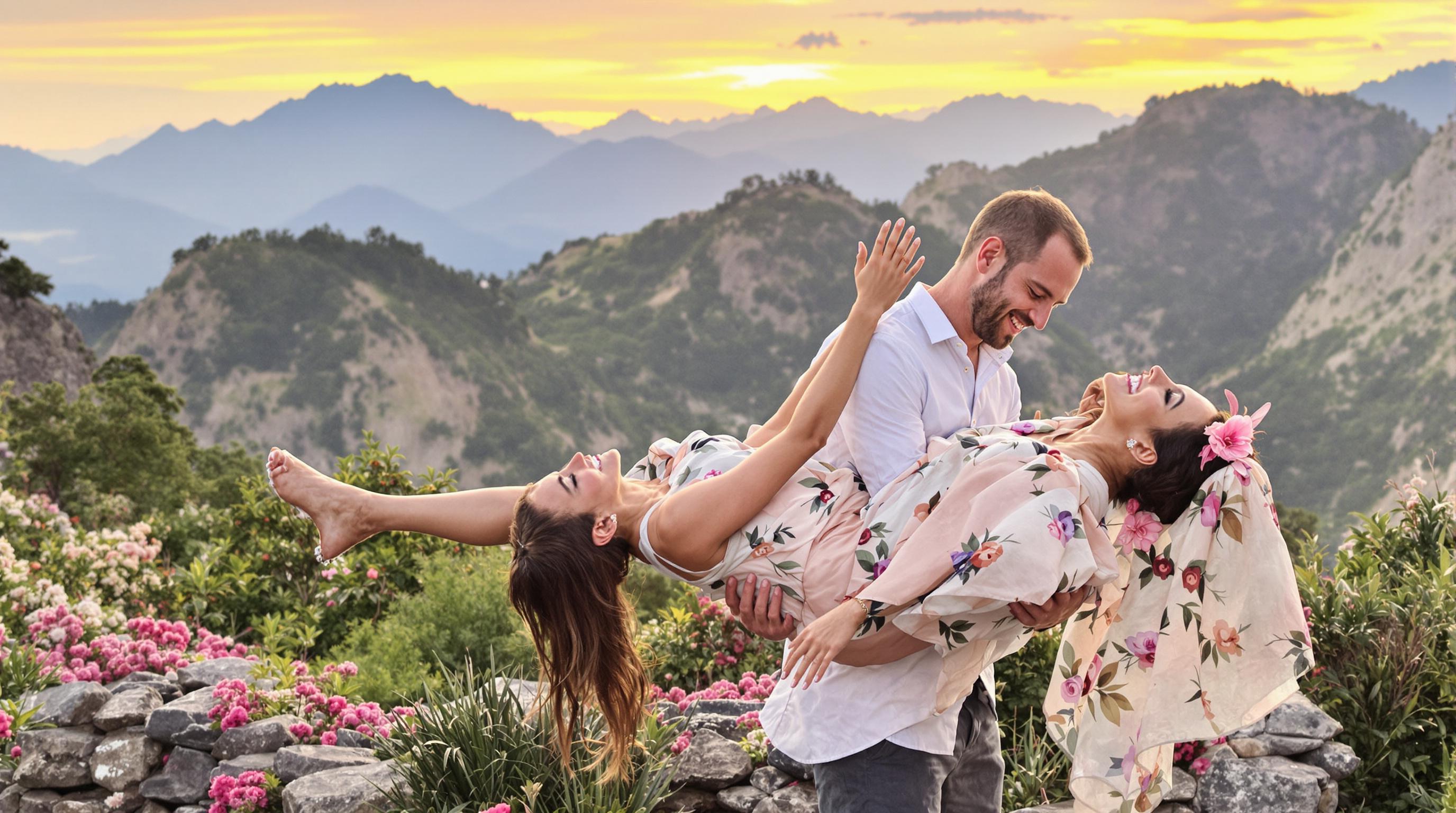Create an image of a couple in a playful pose, with the woman being held in a dip by the man. Change the background to a scenic mountain view with a sunset. The woman should wear a flowing, pastel-colored dress with floral accents, while the man wears a smart-casual outfit. Ensure the atmosphere conveys joy and romance.