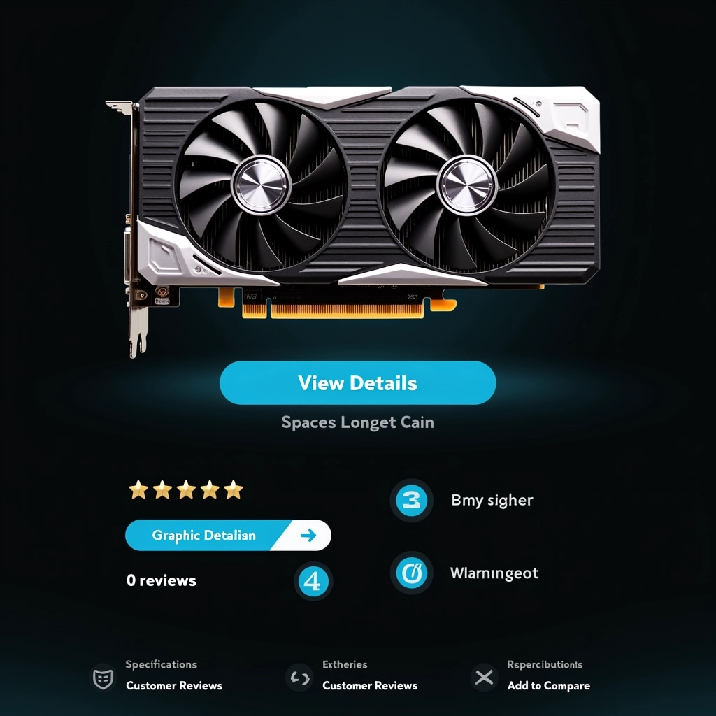 Design a graphics card showcase featuring a sleek, modern aesthetic. The card should have a black and silver color scheme with two large, circular cooling fans at the front. Instead of a brand logo, use a generic symbol in the center of each fan. The PCB (printed circuit board) should be visible from the sides, showcasing a network of gold connections.
Below the card, include a section with an interactive button labeled “View Details” in a vibrant blue color. Next to it, display star ratings but replace the number of reviews with a simple “0 reviews”.
In the footer, add links like “Specifications”, “Customer Reviews”, and “Add to Compare”, ensuring a clean and clear layout without any brand references.