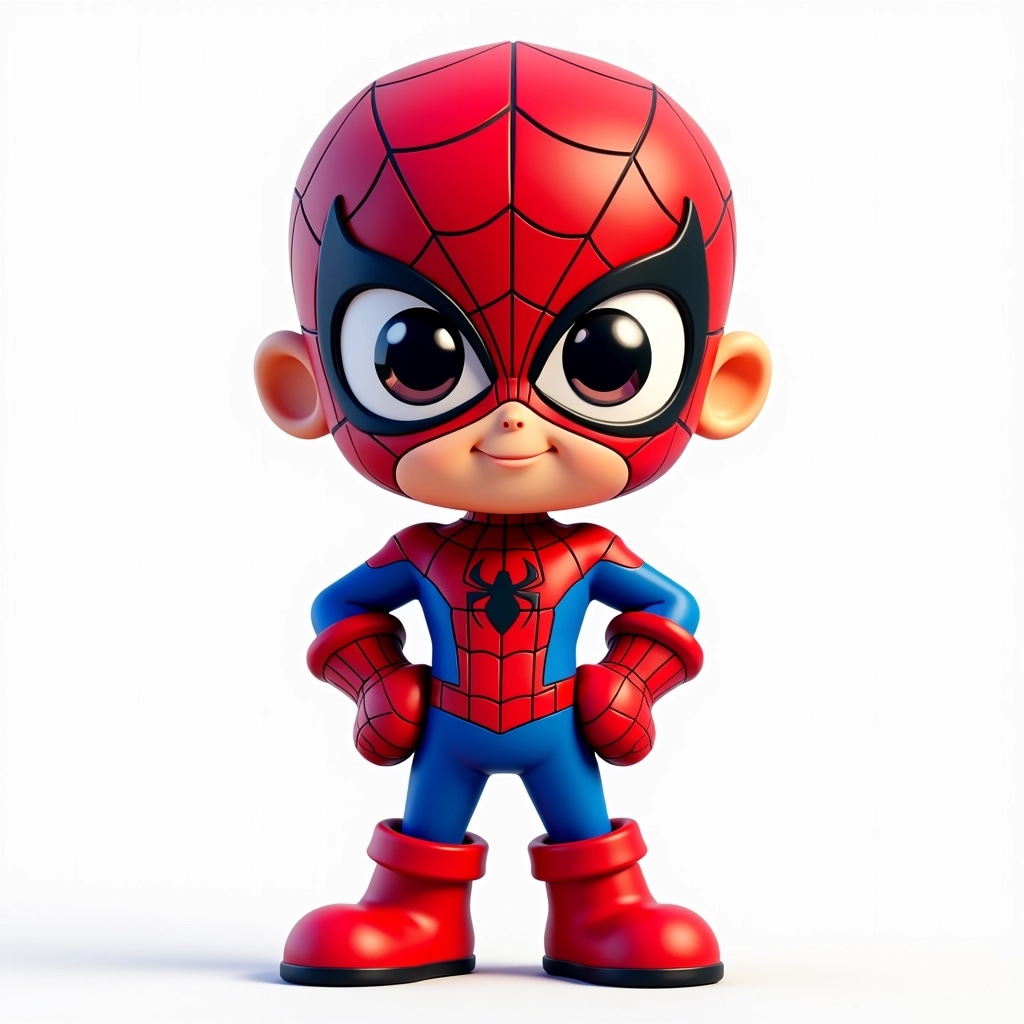 Create a cartoon character that has a round head with large expressive eyes and a smiling mouth. The character wears a vibrant red outfit with blue accents and web patterns, but instead of a spider logo, there's a simple star shape on the chest. It has chunky gloves and boots in a matching red color. The character stands confidently with hands on hips, set against a plain white background, exuding a friendly and heroic vibe.