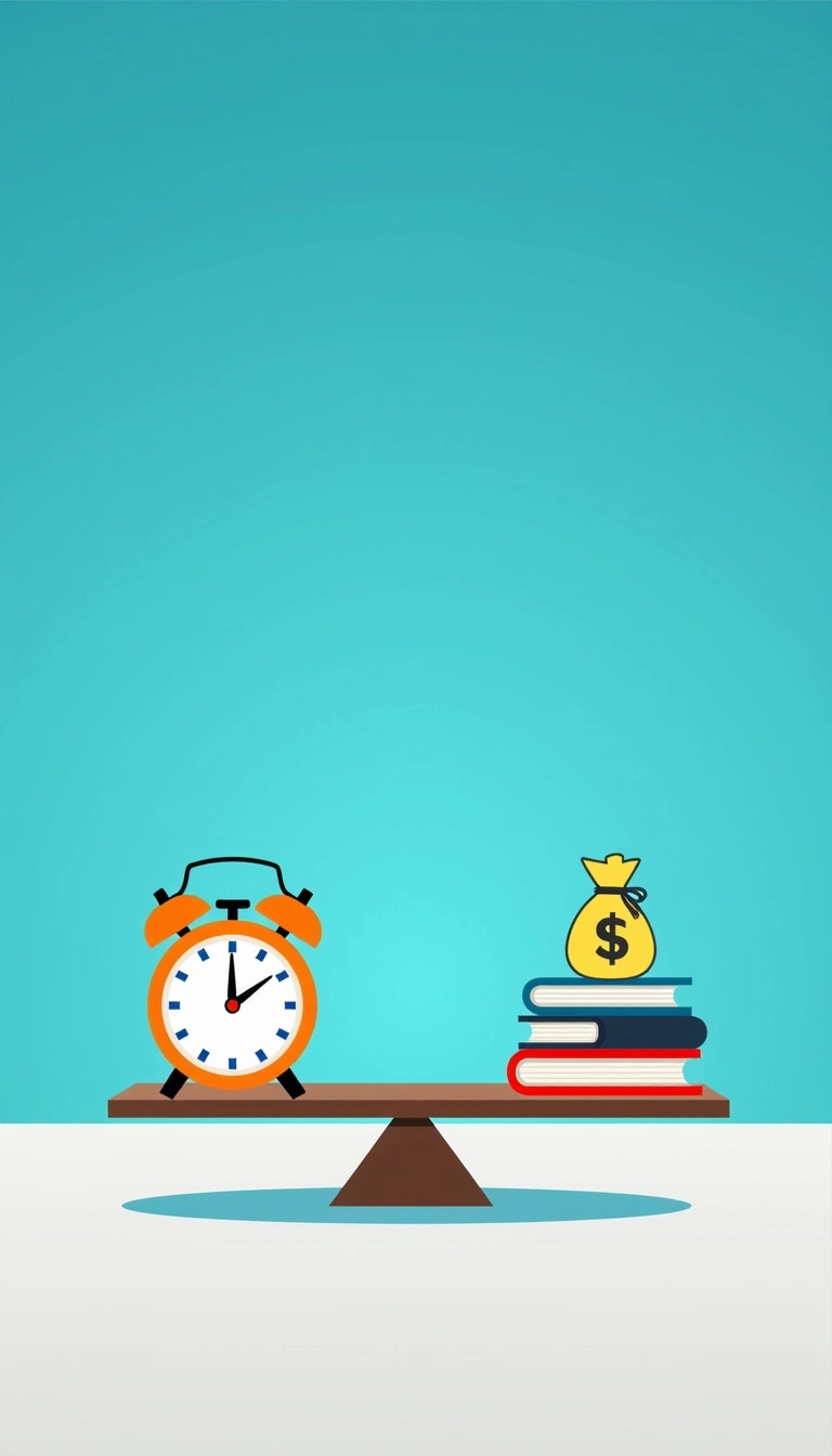 **Design Breakdown Prompt:**

Create an illustration featuring a balanced scale with two sides. On the left, depict a digital timer instead of an alarm clock, with a modern design and bright colors. On the right, replace the money bag with a stack of books, symbolizing knowledge or education. Change the background to a gradient of light blue to dark blue, creating depth. Maintain a simple, stylized aesthetic throughout the design to keep it visually cohesive.