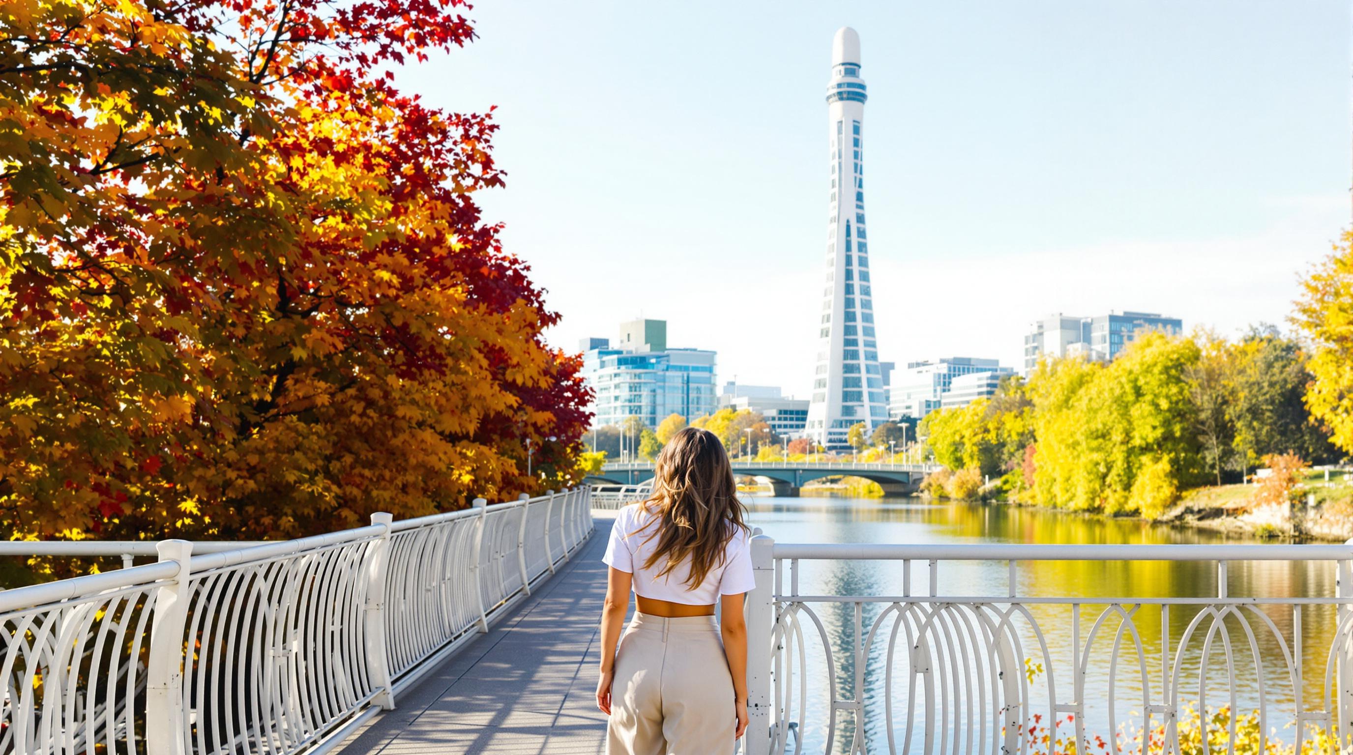 Create an image of a person standing on a pedestrian bridge, facing away from the viewer while gazing at a modern, tall tower in the background. The subject should have long, flowing hair and wear a cropped, fitted top with short sleeves and loose, high-waisted wide-leg trousers. The setting should feature a calm river and lush trees in vibrant autumn colors. Ensure the sky is bright and clear, giving a warm tone to the scene, while avoiding any brands or logos.