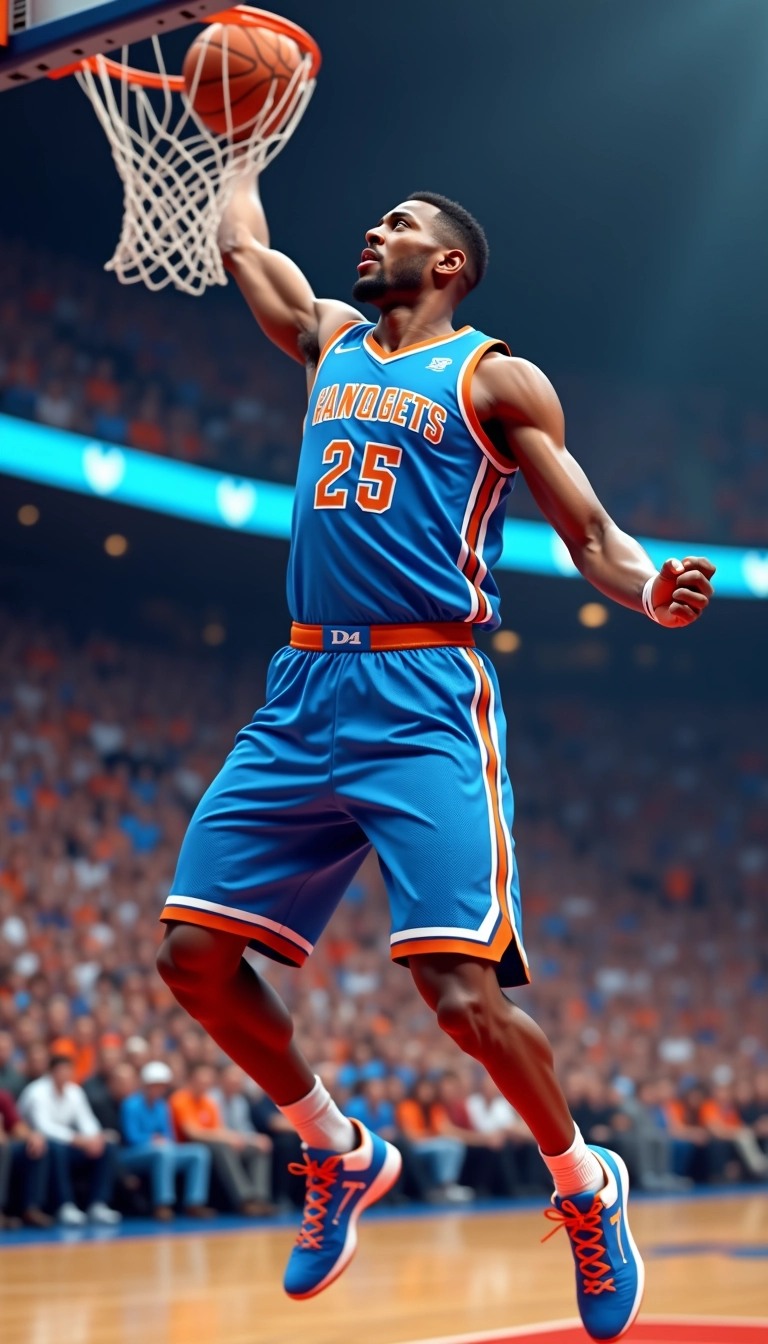 Create an action-packed sports image featuring a basketball player mid-air, about to dunk a basketball. The player should wear a bright blue jersey with a large, stylized number on the front. The shorts should match the jersey, with a dynamic design.
The background shows a vibrant basketball court filled with cheering fans, blurred to focus on the athlete. Remove any brand logos or trademarks, and ensure the player’s facial expression conveys intense concentration and determination. Add motion lines around the player to emphasize the energetic movement.