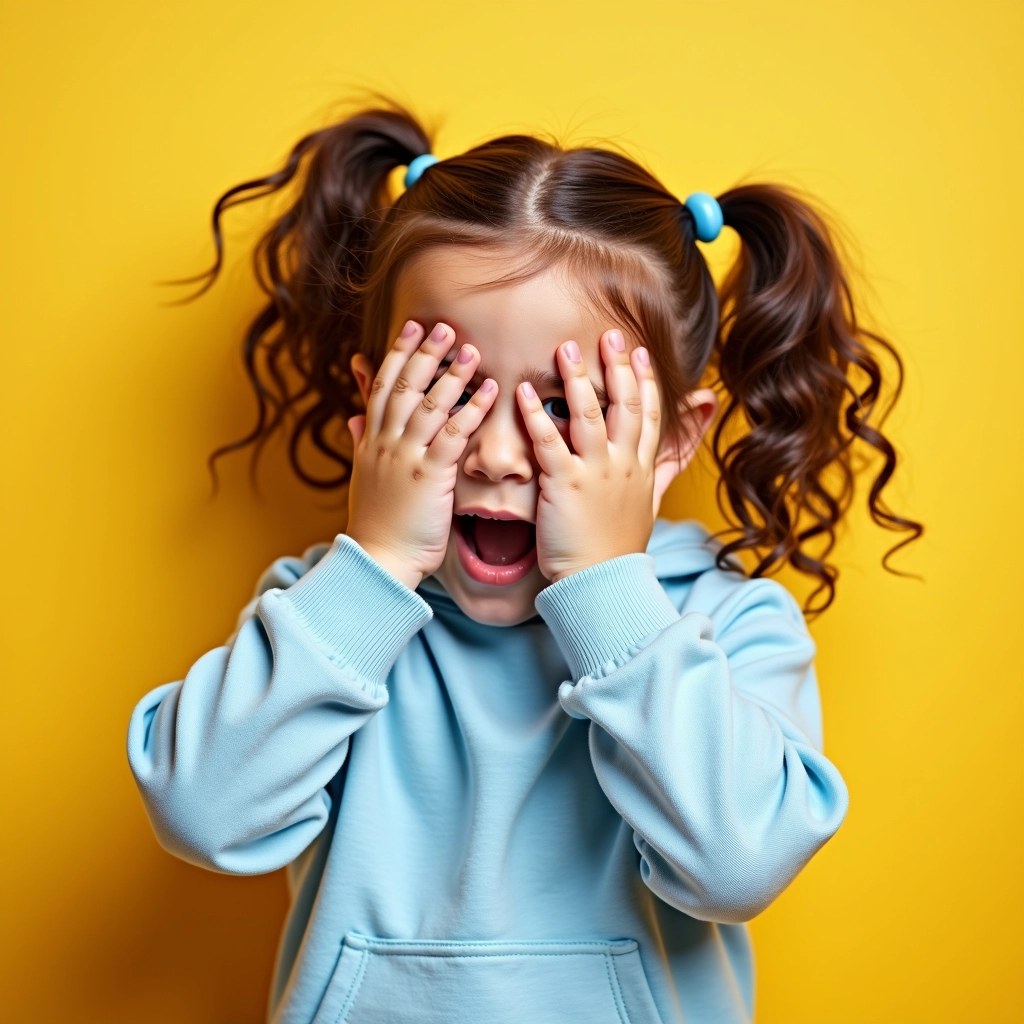 Create an image of a young child with medium-length, curly hair styled in pigtails. The child is playfully using their hands to cover their eyes, expressing a sense of surprise or playful shyness. Instead of showcasing a neutral wall background, use a bright, cheerful color like yellow. Dress the child in a light blue, cozy hoodie with a simple, generic pattern. Ensure the focus remains on the child’s joyful expression while keeping the overall mood light and fun.