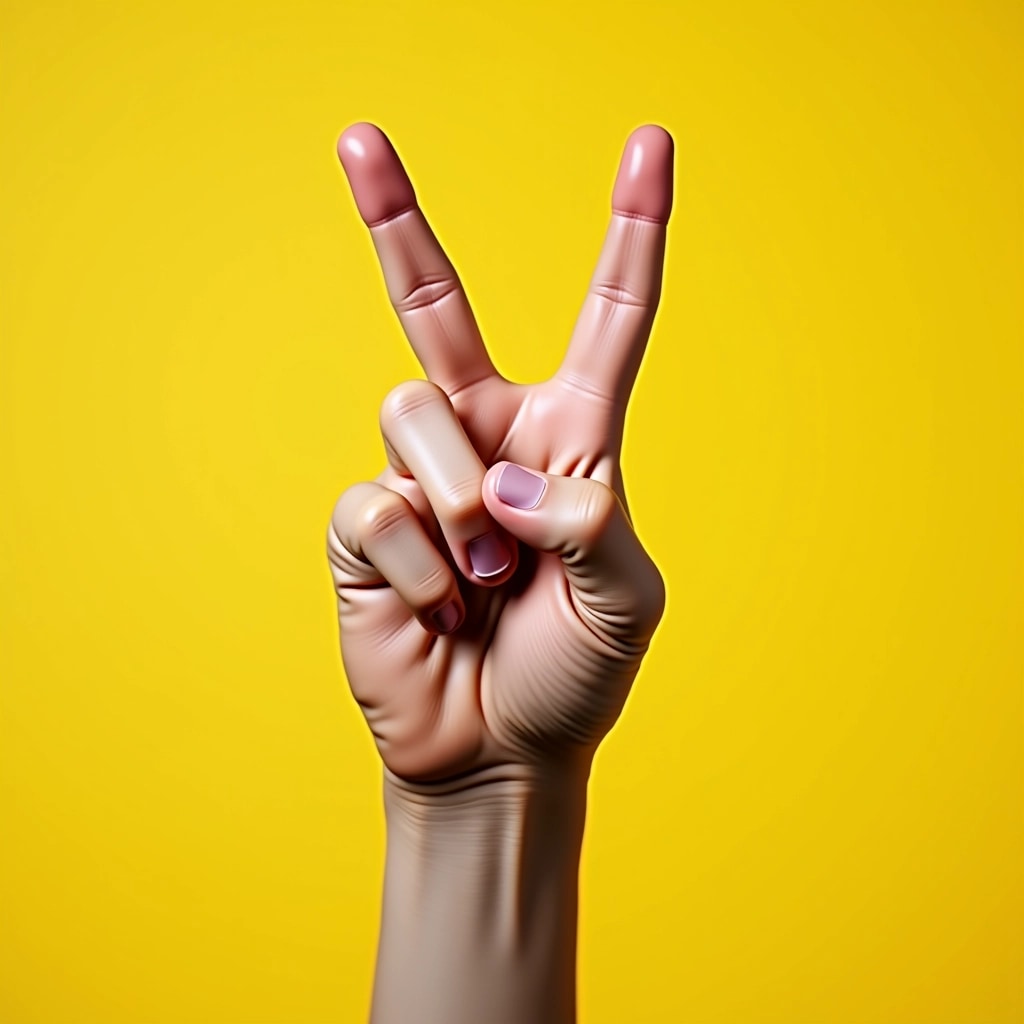 Create an image of a hand holding a gaming controller in a rock-and-roll gesture. The hand should be positioned with the pinky finger extended and the index finger raised, suggesting enthusiasm. The controller can have a more streamlined design without specific brand identifiers, featuring generic buttons and analog sticks. The background should be a bright, contrasting color, like vibrant yellow, to evoke a lively atmosphere.