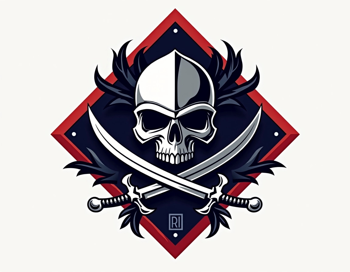 Create a new emblem featuring a stylized skull wearing a knight's helmet instead of a motorcycle helmet. Replace the crossbones with two swords crossed beneath the skull. Use a dark blue background instead of red, and eliminate any brand-related symbols or text. The overall shape should remain a diamond, but add decorative vines around the edges for a more elaborate look.