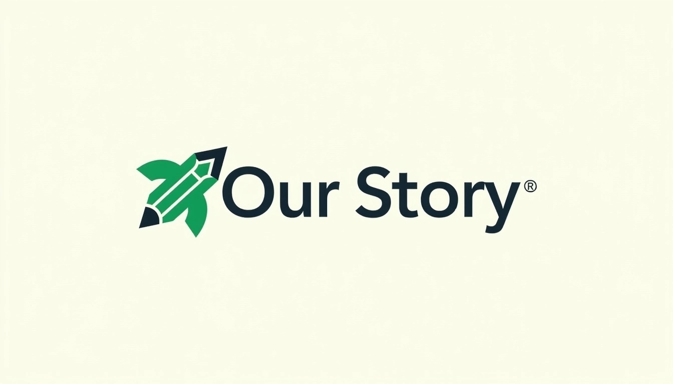 **Design Breakdown:**
1. **Text Element:**
- Change the text to "Our Story."
- Use a softer, rounded sans-serif font for a more inviting feel.
2. **Color Scheme:**
- Substitute the blue pencil for a green pencil to symbolize growth and freshness.
- Adjust the text color to a dark gray or charcoal for a modern touch.
3. **Pencil Tip:**
- Alter the pencil to have a slightly more stylized design, with a sharpened tip for emphasis.
4. **Background:**
- Replace the plain white background with a light pastel shade, like pale yellow, to add warmth.
5. **Text Placement:**
- Tilt the text slightly more for a dynamic effect, creating a bit of a playful angle.
6. **Line Element:**
- Change the line created by the pencil to a dashed or dotted line for a creative flair.
By applying these changes, the overall design will maintain a clean and modern look while offering a fresh perspective.