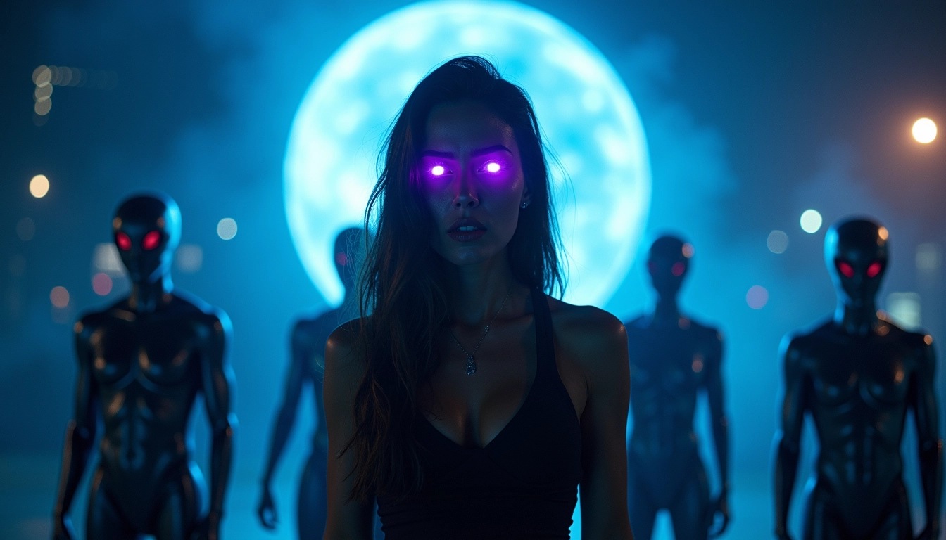 Create an image featuring a woman with glowing purple eyes, expressing fear, in front of a large, bright blue starburst. Behind her, instead of aliens, depict shadowy, faceless figures in sleek, modern outfits. Use a dark, moody background with hints of a futuristic city skyline. Ensure the atmosphere conveys a sense of urgency and suspense without any brand references.