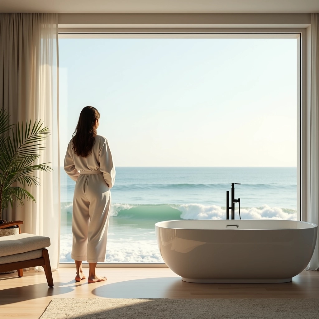 Design a serene interior scene featuring a person standing with their back to the viewer, gazing out of a large window. The setting overlooks a calm ocean with gentle waves, bathed in soft morning light. Instead of a robe, the person wears light, flowing beach pants. Replace the modern tub with a minimalistic chair beside the window, and remove any visible branding. Focus on creating a relaxing atmosphere with subtle, natural colors and textures, emphasizing tranquility and comfort.