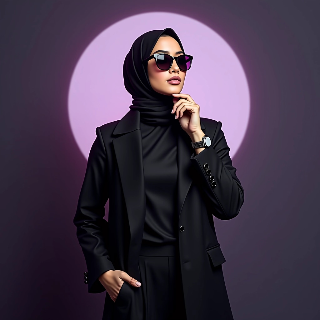 Create an image featuring a woman in a stylish black outfit and a hijab, standing in a thoughtful pose. She should be wearing sleek round sunglasses and a modern watch. The background should be a gradient of deep purple hues, with a soft, glowing circular light surrounding her. Change the color of her outfit to a vibrant teal and opt for a lighter shade of hijab. The facial features should be obscured, maintaining a sense of mystery. Remove any brand references from the design.