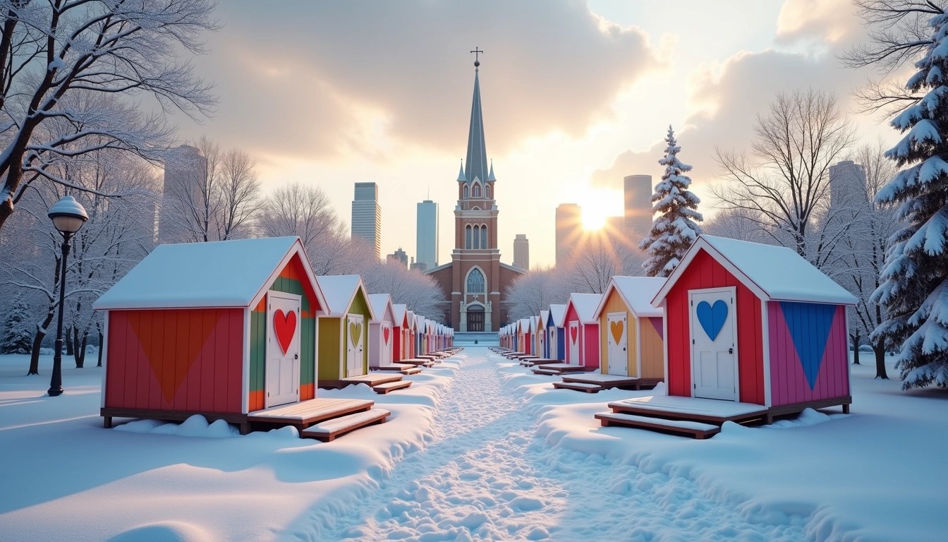 Create an image of small portable cabins arranged in a snowy park setting. Change the background to feature a modern church with a tall spire, surrounded by a mix of skyscrapers. Instead of hearts, decorate the cabins with colorful geometric patterns. The sky should be overcast with rays of sunlight peeking through the clouds, casting a warm glow over the scene.