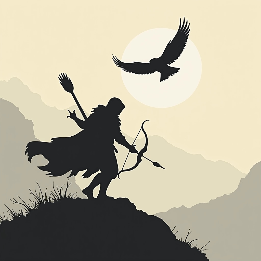 Create a silhouette of a lone figure in an action pose, wielding a crossbow instead of a bow. The character should wear a hooded garment with a flowing cape, and have an imposing stance that suggests movement. In the background, depict a stylized falcon soaring above, emphasizing a sense of freedom. The color scheme should be monochromatic but include a gradient effect to suggest depth, with lighter shades towards the top. Remove any specific branding elements and focus on an atmospheric, adventurous aesthetic.