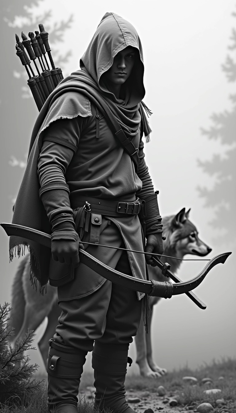 Create a monochromatic image of a figure in a dynamic pose, holding a crossbow instead of a bow, with a wolf companion in the background instead of a bird. The figure should wear rugged, tattered clothing and have a hood obscuring part of their face, set against a misty landscape. The focus should be on their intense expression and the tension in their body posture, suggesting movement and readiness.