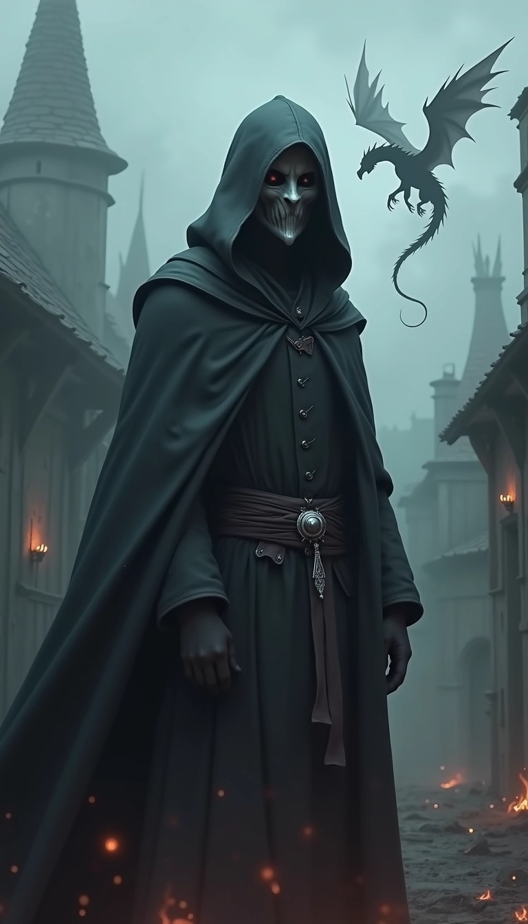 Create an image featuring a mysterious cloaked figure with a smooth, featureless mask instead of a beaked one. The figure should have piercing blue eyes instead of red. Instead of a detailed emblem, they sport a simple silver pendant hanging from their belt. The background depicts a foggy, desolate village with crumbling buildings, and a shadowy, mythical creature soaring in the cloudy sky, but it should appear more dragon-like. The overall atmosphere should remain dark and ominous, with hints of glowing embers scattered throughout the scene.