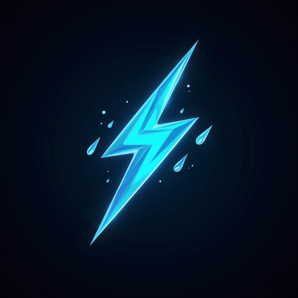 **Design Prompt:**
- **Shape:** Modify the lightning bolt to a zigzag pattern that resembles a wave.
- **Color:** Change the color from neon green to a vibrant blue.
- **Background:** Replace the black background with a deep navy gradient.
- **Effects:** Add a glowing effect to the edges of the wave design, simulating a soft luminescence instead of the harsh lightning flash.
- **Texture:** Incorporate a slight metallic texture to give the wave a reflective surface.
- **Element Addition:** Integrate subtle, stylized water droplets around the design to emphasize the wave theme.
Note: Ensure all brand references are removed for a unique creation.