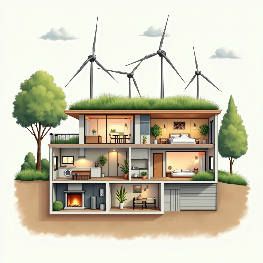 Design a cross-section illustration of a modern home featuring a green roof and vertical wind turbines instead of a solar system. The house should include a garden area with a small vegetable patch replacing the carport. The interior should showcase a cozy living room with a fireplace, a kitchen with an island, and a bright bedroom. In the basement, incorporate eco-friendly appliances and a water filtration system. Stick to a minimalist color palette, emphasizing soft earth tones.