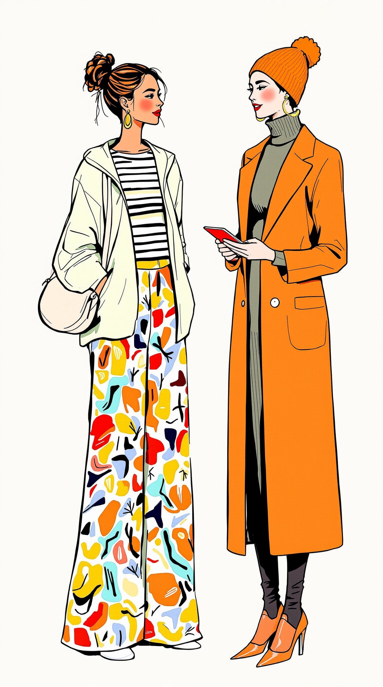 Create an illustration featuring two women chatting. One woman has a casual, oversized jacket in a soft green color over a striped top and flowy palazzo pants with a colorful, abstract pattern. She carries a round bag and has her hair in a loose bun. The second woman wears a fitted turtleneck and a long, tailored coat in a deep orange shade. She holds a tablet and sports a stylish beanie and hoop earrings. Both characters appear engaged in conversation, showcasing a vibrant and modern style without any brand identifiers.
