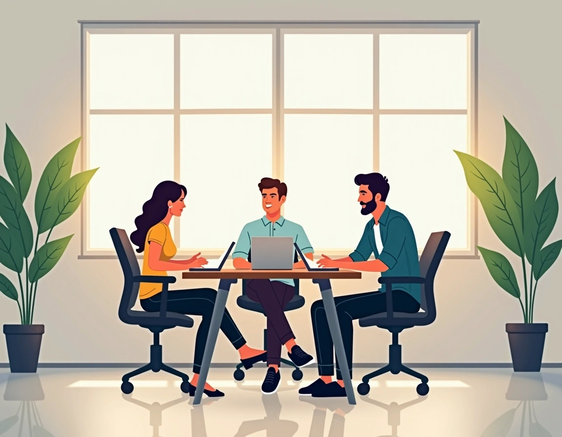 **Design Breakdown Prompt:**
Create an office setting featuring three people seated together. Change the background to a more modern design with sleek, light-colored walls and large windows that let in natural light. Eliminate all brand references and replace items like disorganized papers with neatly stacked documents and folders. Use contemporary office furniture, like ergonomic chairs and minimalistic desks. Add some green plants for a fresh look. For the people, dress them in casual but professional attire, varying their hairstyles and expressions to convey a relaxed atmosphere.