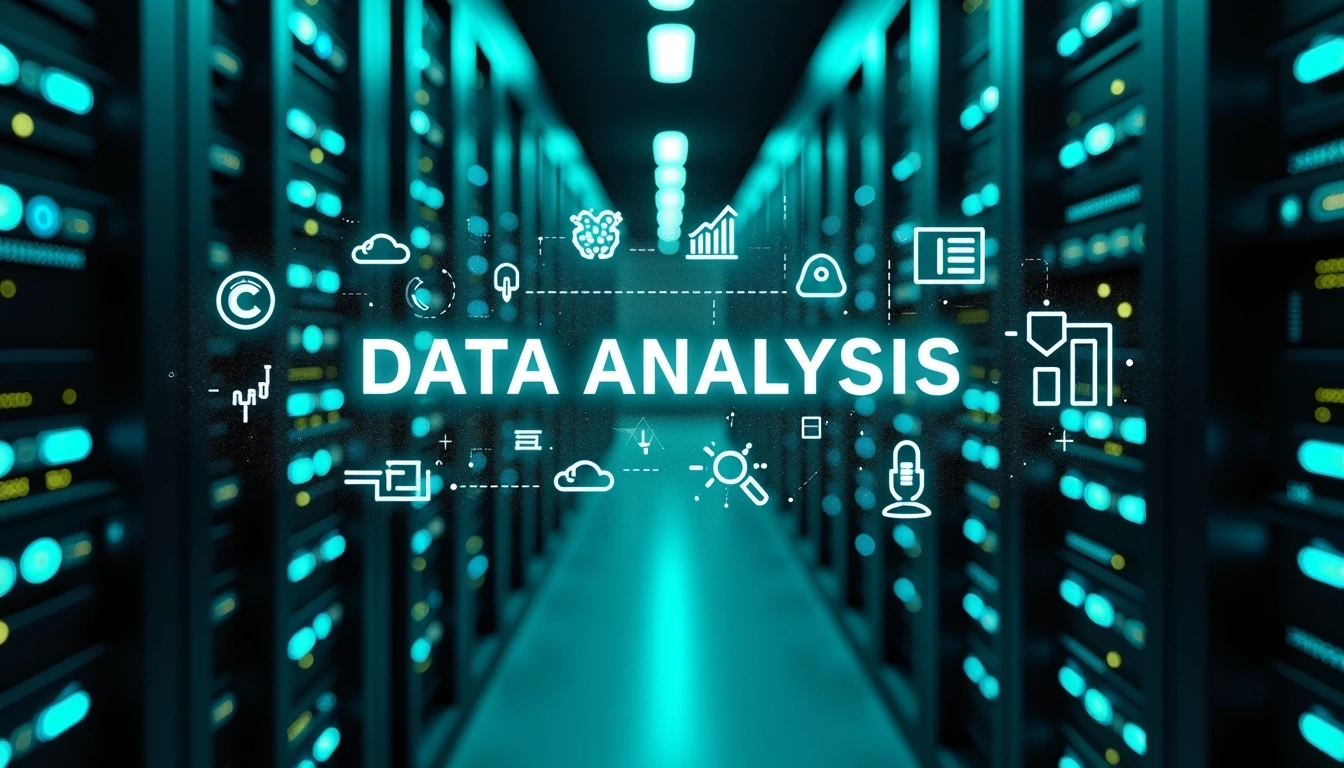 Create an image featuring a modern data center filled with server racks, but replace the central concept with "DATA ANALYSIS." Surround this text with a variety of icons representing data visualization, algorithms, cloud computing, databases, and robotics, using a color scheme of teal and white. The background should be dimly lit to emphasize the glowing icons and text, with abstract circuit patterns subtly integrated into the design. Avoid any specific brand logos or icons to maintain a generic, professional look.