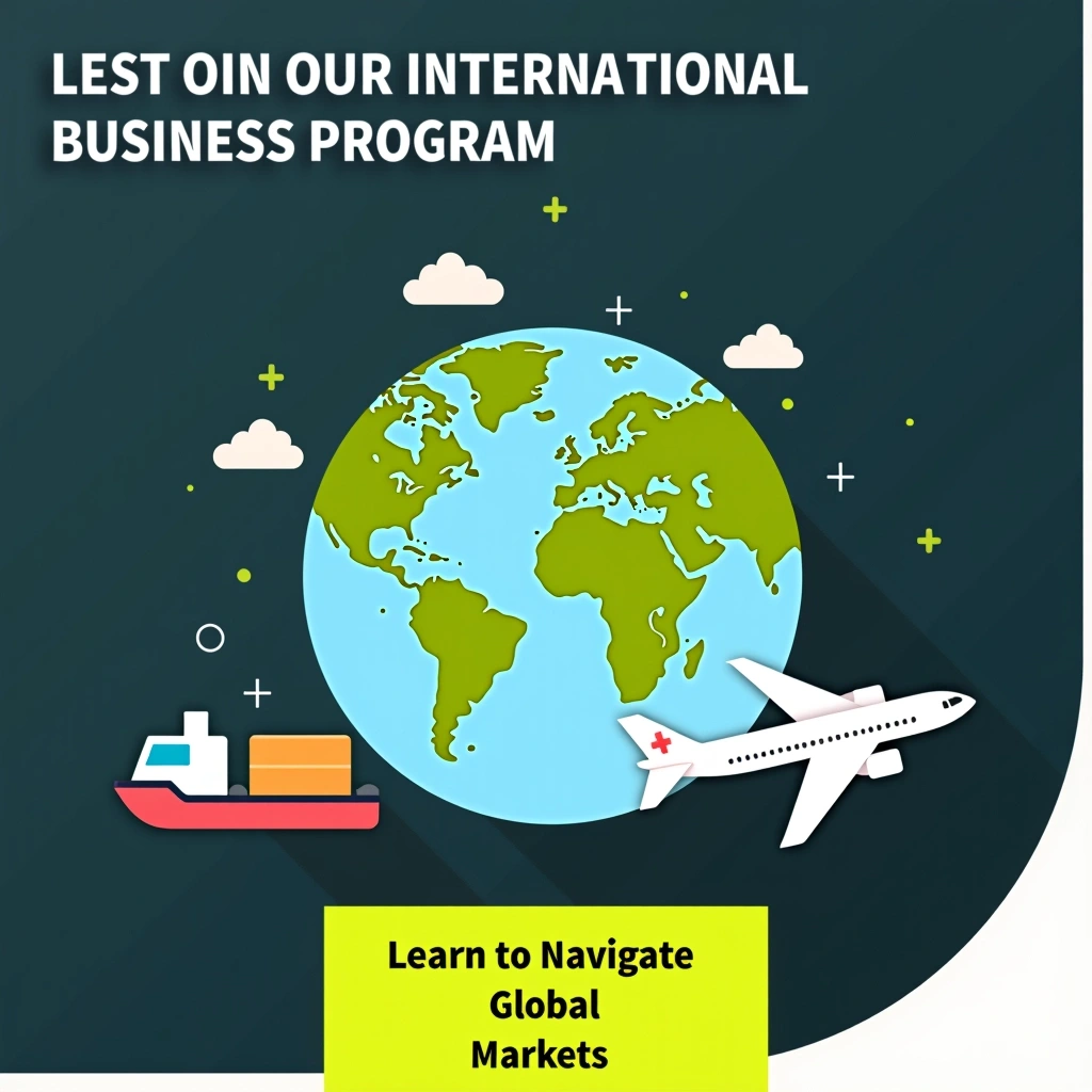 **Design Prompt:**

- **Title:** Use a bold, modern font for an attention-grabbing title at the top left. Replace the original greeting with "Welcome to [New Location]."

- **Subtitle:** Below the title, add a new subtitle in a contrasting color (e.g., bright green) that says "Join Our International Business Program."

- **Central Image:** Feature a stylized globe with a different representation of transport methods, such as a cargo ship, a truck, and a generic airplane, arranged creatively around the globe.

- **Text Box:** Add a bright yellow rectangular box with the phrase “Learn to Navigate Global Markets” in a clean, sans-serif font.

- **Contact Information:** In the footer, use a simple layout for contact information and add a fictitious email and phone number. Remove any specific geographical references.

- **Background:** Maintain a dark gradient background for a professional look, but add subtle abstract shapes for visual interest.

- **Border:** Implement a sleek white curve along the bottom to balance the design.

Feel free to adjust colors, fonts, and images as needed for a cohesive look!