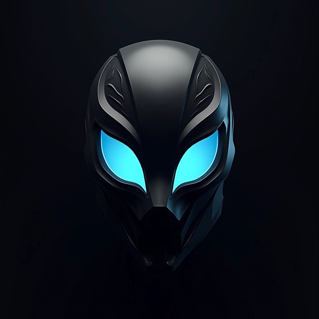 Create a mask design featuring a sleek, matte black surface with angular contours. The eye openings should be teardrop-shaped, glowing softly in a serene blue. Incorporate subtle tribal patterns etched into the mask's surface, adding texture without overwhelming the design. The overall silhouette should convey a sense of strength and mystery, while ensuring it remains completely devoid of any brand references.