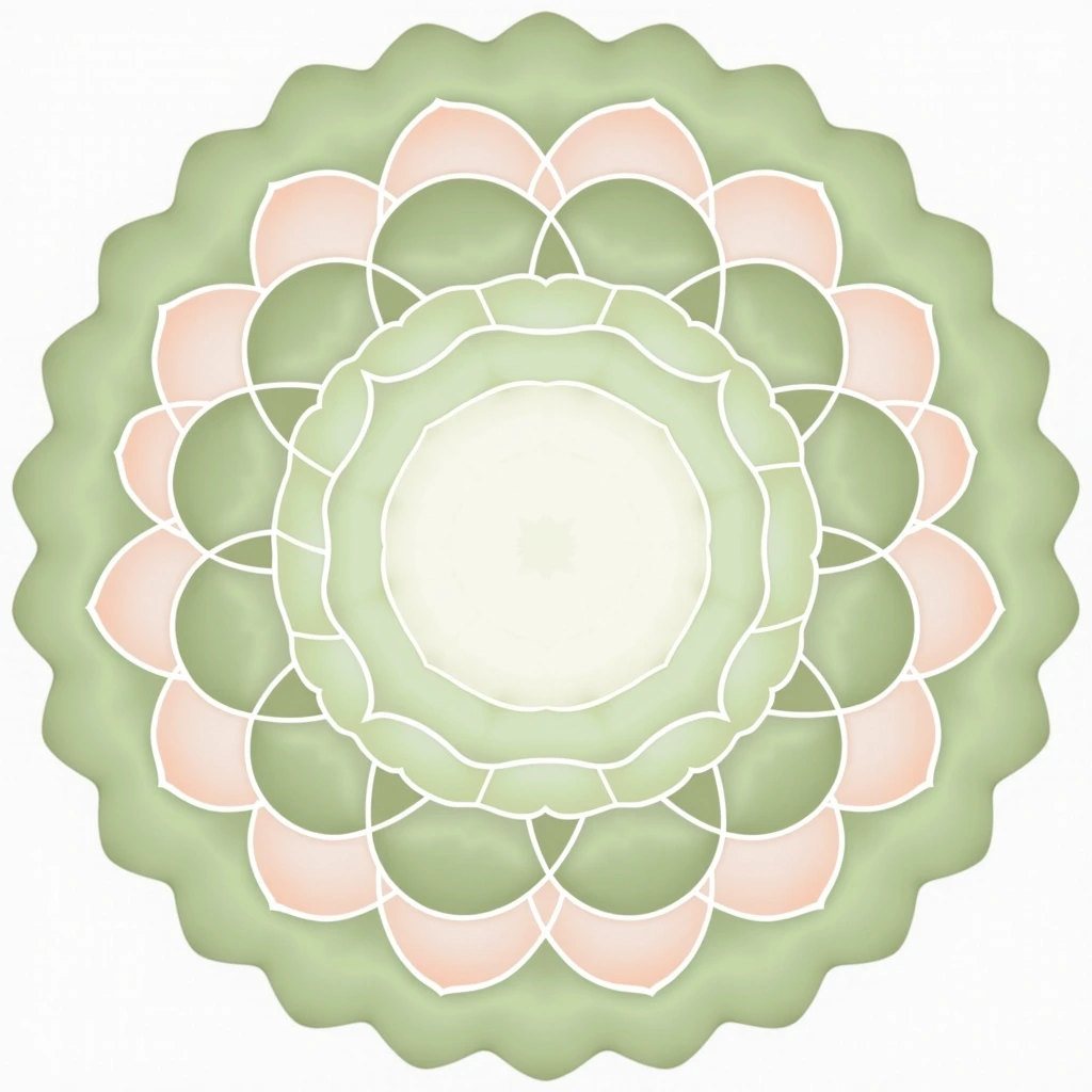 Create a circular geometric design featuring layered concentric circles. Use a palette of soft pastels, including light greens and pinks, while ensuring the outer layer has a wavy pattern. Introduce intricate interlocking lines within the circle, varying the thickness to add depth. Replace the radial lines with curved, swirling patterns that radiate from the center. Make sure the inner circle features a gradient effect transitioning from white to a deeper shade of one of your chosen colors. Ensure there are no brand references in the design.