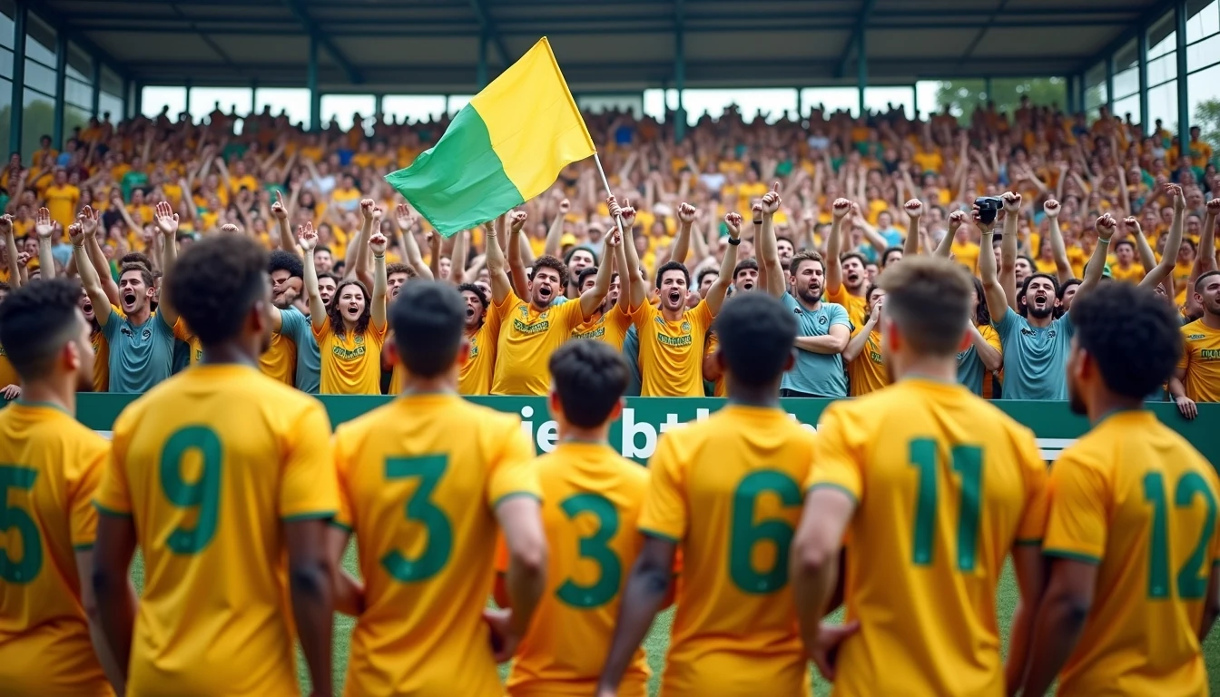 Create an image showcasing a large crowd of excited fans in a stadium. The fans are wearing colorful jerseys and waving flags, with a diverse mix of expressions ranging from joy to elation. In the foreground, a group of players in matching uniforms celebrates, their backs to the viewer. The background features vibrant seating and a lively atmosphere. Remove any brand or team logos, and replace the color scheme with bright yellows and greens to give a fresh look to the scene.