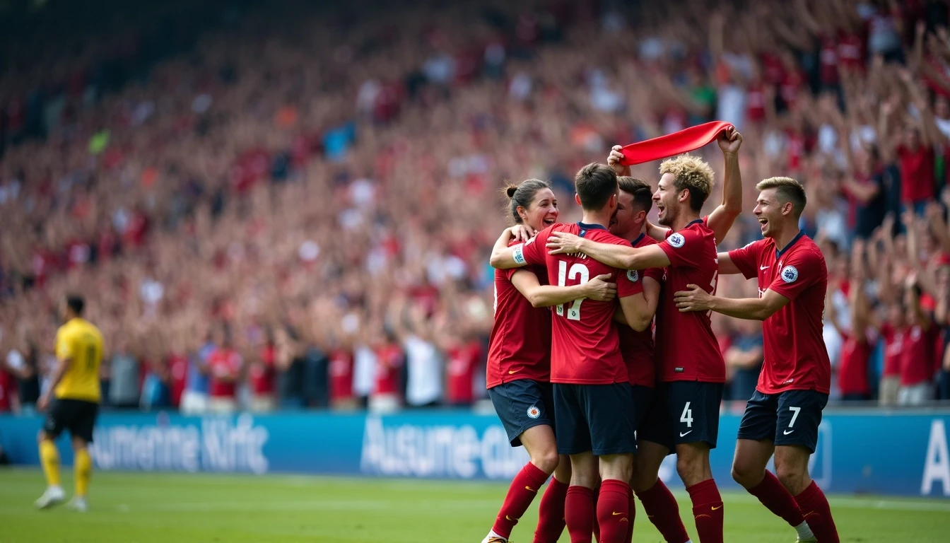 Create an image of an excited crowd in a stadium, with people standing and cheering. The crowd is diverse, wearing different colorful shirts and holding scarves. In the foreground, a group of players is celebrating a goal, showing enthusiasm and teamwork. The background features rows of seats filled with cheering fans, but without any brand logos or specific team references. The atmosphere is vibrant and filled with energy, capturing the joy of a sporting event.