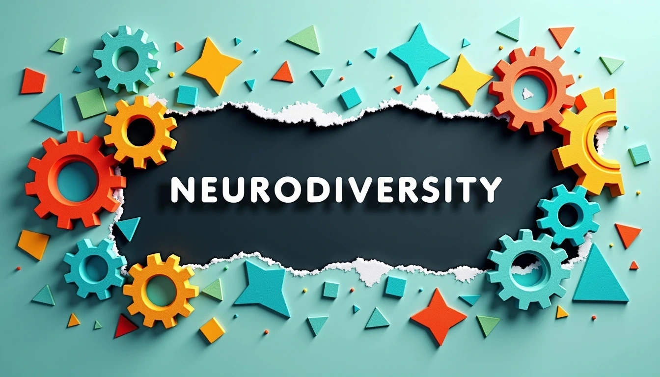 Create an image that encompasses a torn paper effect, revealing a dark background. Replace the initially colorful gears with vibrant geometric shapes like triangles and squares, painted in bright hues of blue, green, and orange. Remove the text "NEURODIVERSITY". Adjust the background color to a lighter shade, possibly a soft teal, to create a contrasting effect. To achieve a dynamic visual, scatter the geometric shapes around the edges of the torn paper.