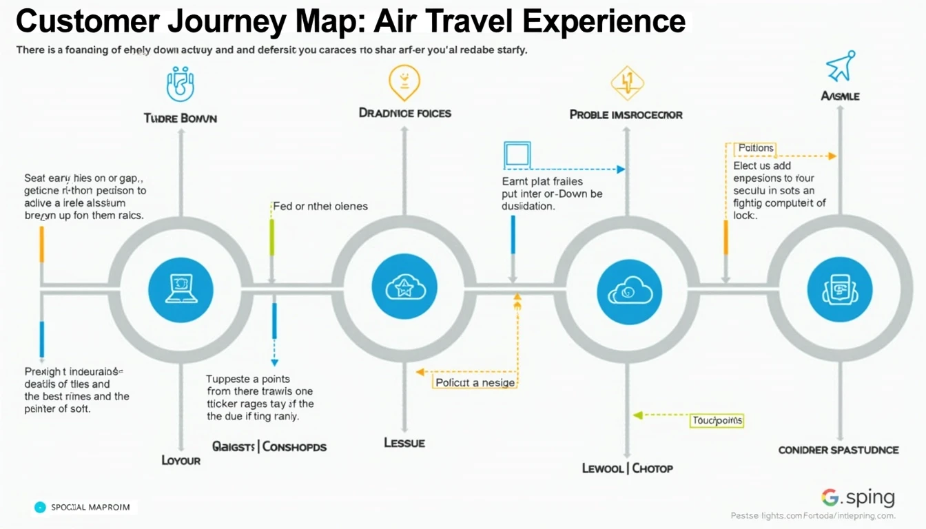 **Customer Journey Map: Air Travel Experience**
---
**Lifecycle Stage**
- **Ticket Search**
- **Purchase**
- **Pre-Flight Expectations**
---
**Customer Actions**
- Searching for options
- Comparing prices
- Completing the purchase
---
**Touchpoints**
- Website
- Mobile App
- Customer Support
---
**Goals and Expectations**
- Find the best deal
- Understanding travel details
- Prepare for the flight
---
**Emotions**
- π Positive
- π Neutral
- π Frustrated
---
**Importance**
- **High**
- **Medium**
- **Low**
---
**Customer Experience**
- **Positive Feedback:** Easy navigation, clear information
- **Negative Feedback:** Confusing layout, lack of support
---
**Visuals:**
- Use simple emoticons for emotions
- Color-coded importance indicators (red, yellow, green)
- Sticky note style for customer actions and feedback
---
Adjust visuals to focus on user-friendly design, utilizing bright, engaging colors while maintaining clarity.