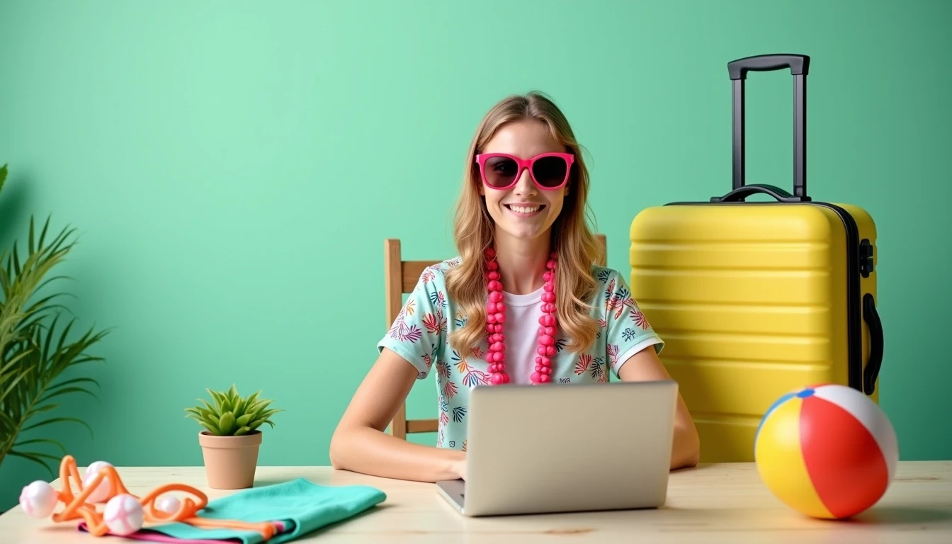 **Design Breakdown:**
1. **Background**: Change the background color to a soft pastel green.
2. **Subject**: Replace the woman with a person of another gender and different hairstyle, wearing general playful sunglasses instead of red ones.
3. **Clothing**: Dress the subject in a casual short-sleeve shirt with fun patterns, instead of a white top, and remove the lei.
4. **Props**:
- Replace the yellow suitcase with a turquoise one.
- Change the flotation device to a multicolored beach towel.
- Swap out the goggles for a beach ball.
- Remove the laptop and replace it with a tablet.
5. **Pose**: Adjust the pose to show the subject casually sitting back in the chair, smiling at the camera while holding a travel brochure instead of a document.
6. **Table Details**: Include a small potted plant on the table for a touch of greenery.
7. **Lighting**: Use slightly warmer lighting to create a more inviting atmosphere.
This creates a vibrant, vacation-themed image while maintaining a playful feel.