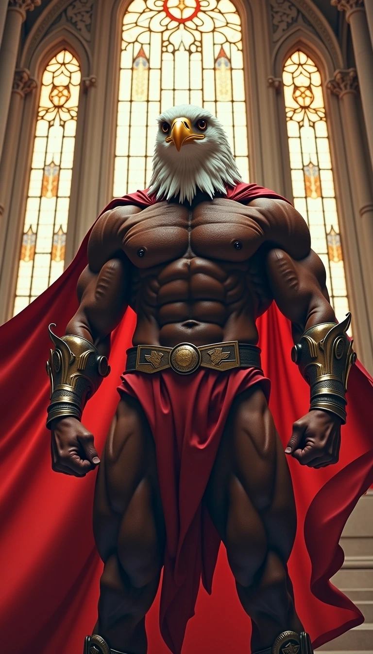 Create an image of a powerful humanoid figure with the head of a majestic eagle, showcasing a robust physique. The figure is draped in flowing, billowing fabric, resembling a superhero or mythological character, and is set against the backdrop of an ornate, cathedral-like space with tall stained glass windows. Change the text to simply read "NATIONAL PRIDE" in bold, impactful letters without any brand logos or flags.