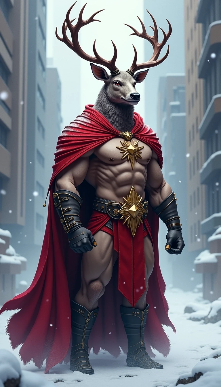 **Prompt:**
Create an image of a muscular deer humanoid figure standing confidently in a snowy urban environment. The deer has large, majestic antlers and a fur-covered, muscular torso. This character is draped in a bold, flowing crimson cloak. Instead of the traditional emblem, incorporate a stylized emblem resembling a sun or a star on their chest. The text beneath should simply read "Courage" in an elegant font. The background features tall, abstract buildings shrouded in a light snowfall, enhancing the mystical atmosphere.