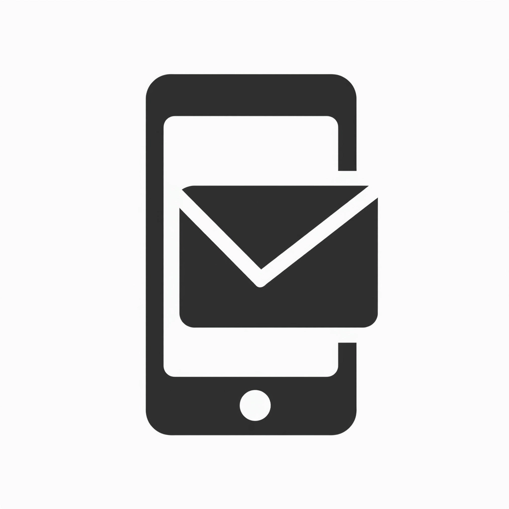 Create an icon featuring a simplified smartphone design with a rectangular shape and slightly rounded corners. Instead of a speech bubble, integrate an envelope symbol overlapping the phone to represent messaging. Use a solid silhouette style without any text or brand elements.