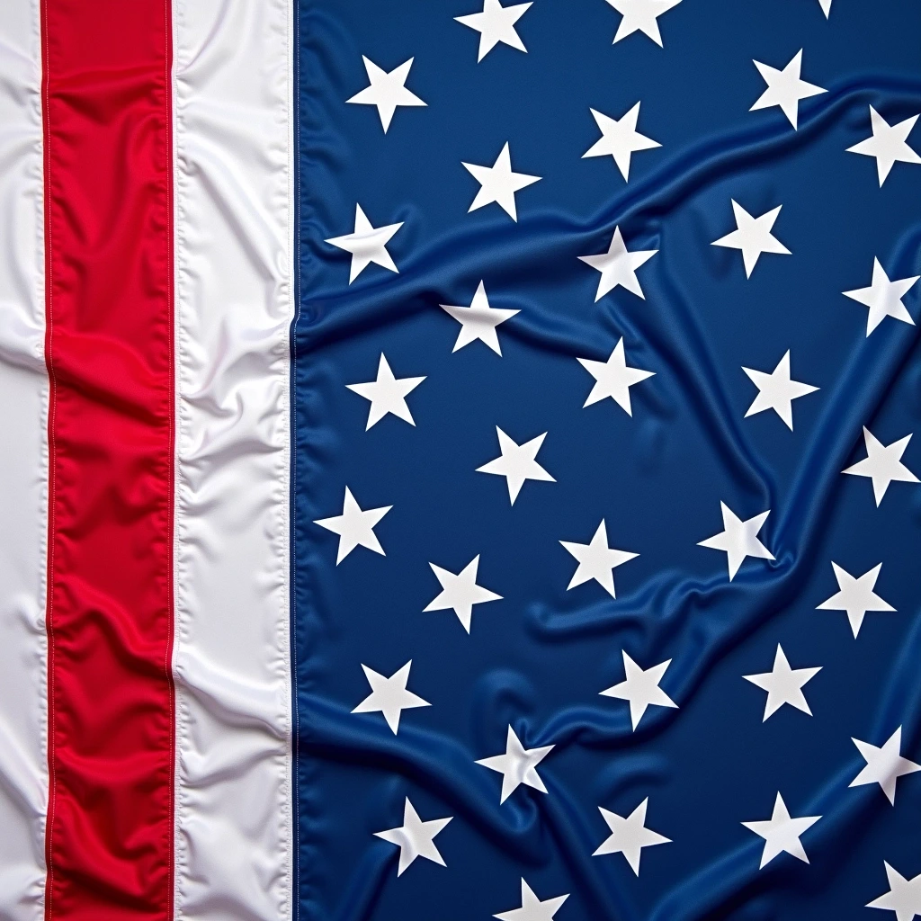 Create an image featuring a fabric with a blue background and white stars arranged in a scattered pattern. Additionally, incorporate red and white stripes vertically along the left side of the design. The background should be a solid dark color to enhance contrast. Remove any identifiable logos or brand elements.