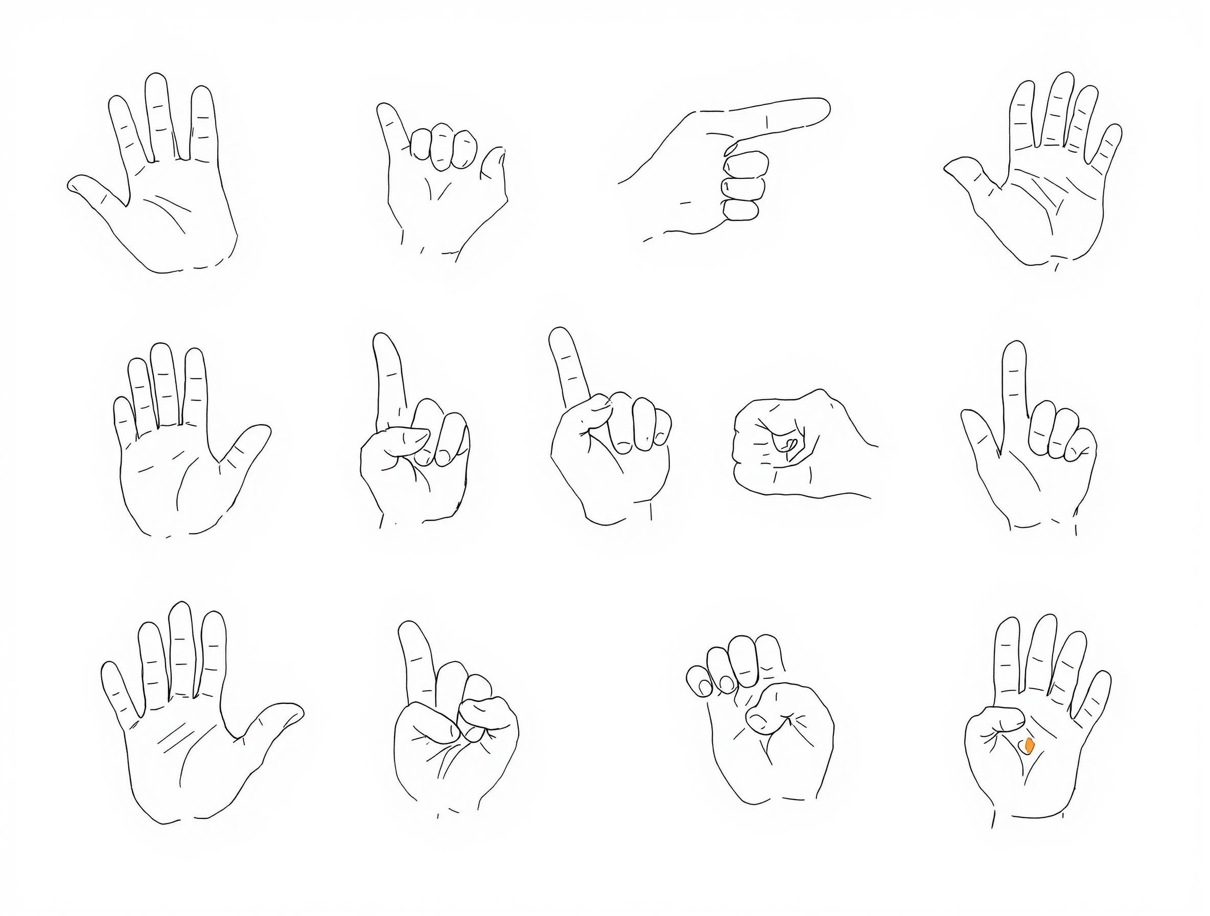 Create a grid of nine hand illustrations, each showcasing different hand gestures. Alter the hand positions for uniqueness:
1. A hand open wide, palm facing forward.
2. A relaxed hand with fingers slightly curled.
3. A pointing gesture with the index finger extended.
4. A fist with the thumb wrapped around the fingers.
5. A hand with fingers splayed, palm facing up.
6. A gesture mimicking holding a small object.
7. A wave motion with fingers raised.
8. A hand making a 'peace' sign.
9. A symmetrical hand gesture, such as 'OK'.
Use soft colors like pastel shades and remove any brand references or logos, while maintaining a clean, sketch-like quality. The background should be plain to emphasize the hands.