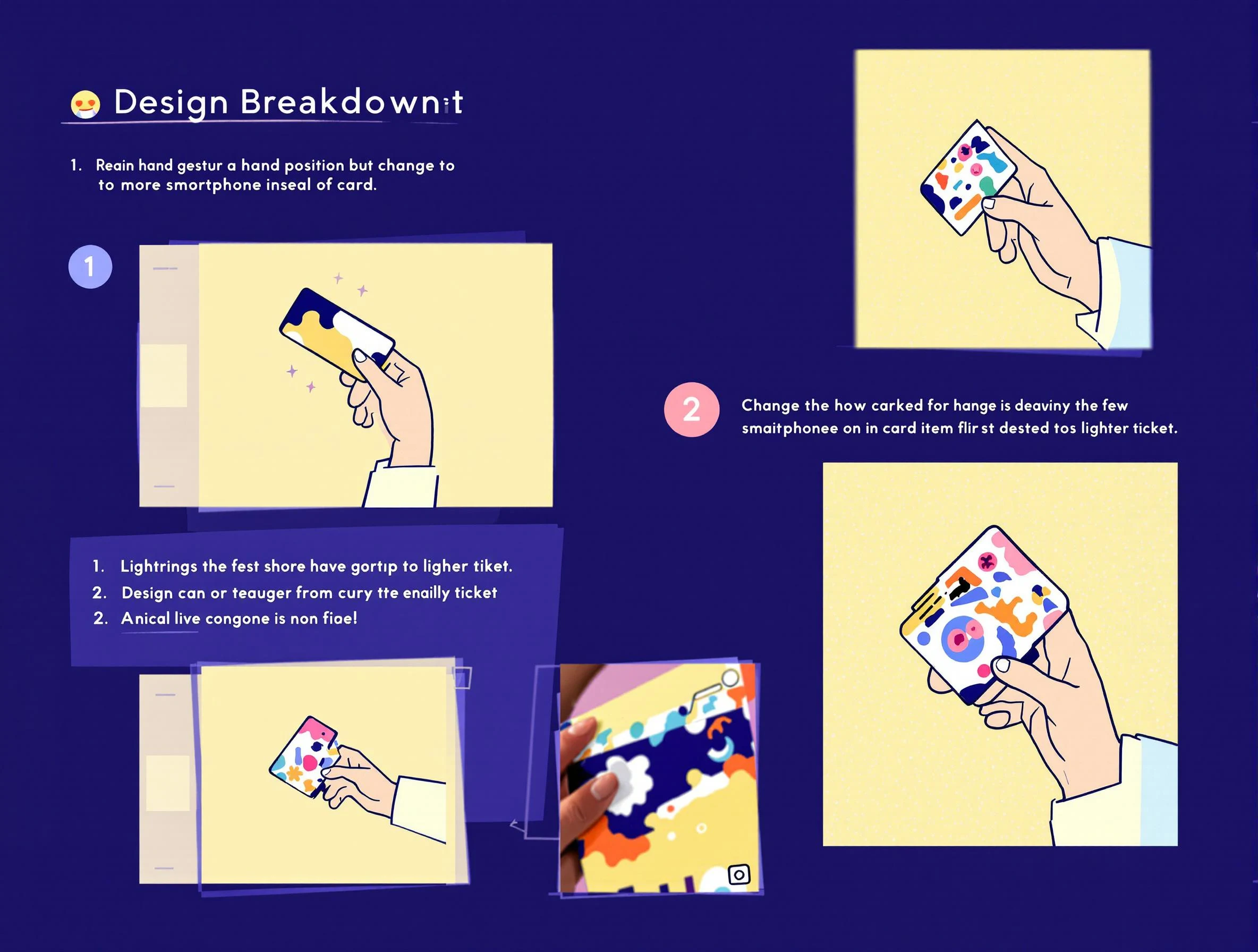 **Design Breakdown:**
1. **Hand Gesture:**
- Retain a similar hand position but change it to a more casual grip, as if holding a smartphone instead of a card.
2. **Color Palette:**
- Change the background color to a soft yellow.
- Alter the hand's skin tone to a lighter beige.
- Transform the clothing to a pastel blue with a lighter cuff.
3. **Item Detail:**
- Replace the card with a small, digitally-rendered ticket with a few abstract designs, incorporating a mix of vibrant colors.
4. **Stylistic Elements:**
- Simplify the shapes by using smooth curves and eliminating sharp edges, giving a more playful, modern feel.
5. **Overall Composition:**
- Keep the layout similar, with the hand prominently in the foreground, but reposition it slightly to the left for balance.
This revised design maintains the core idea while introducing fresh elements.