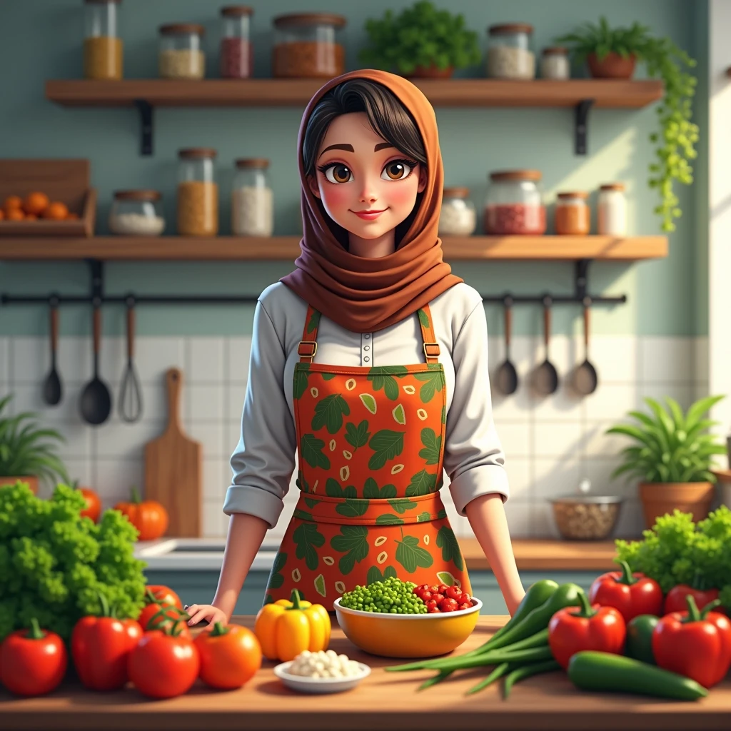 Design a kitchen scene featuring a woman with a different hairstyle, standing in front of a colorful array of fresh vegetables and fruits. She should wear a vibrant, patterned apron instead of a hijab. The kitchen should have wooden shelves with various containers, jars, and utensils, but exclude any brand names or logos. Include a colorful bowl on the counter filled with mixed ingredients, with natural light illuminating the space for a warm, inviting atmosphere.