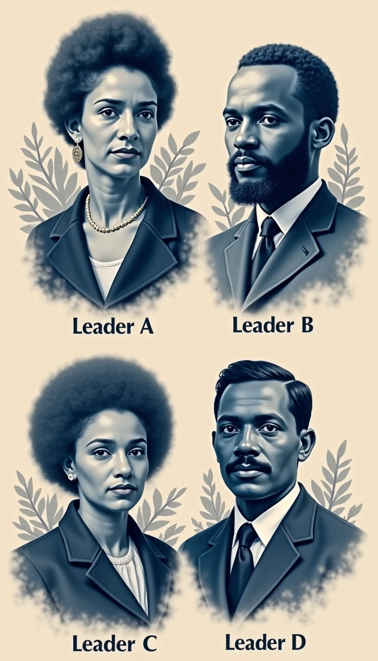 Create a portrait collage featuring four influential historical figures, focusing on different cultural leaders. Arrange the characters in a similar layout: two on the top and two on the bottom. Use a monochromatic color scheme, such as shades of blue or sepia, and ensure each figure has a distinct pose that reflects their significance. Instead of recognizable names, use generic placeholders like "Leader A," "Leader B," "Leader C," and "Leader D" with subtle background patterns representing their cultural heritage. Ensure the overall design evokes a sense of unity and respect.