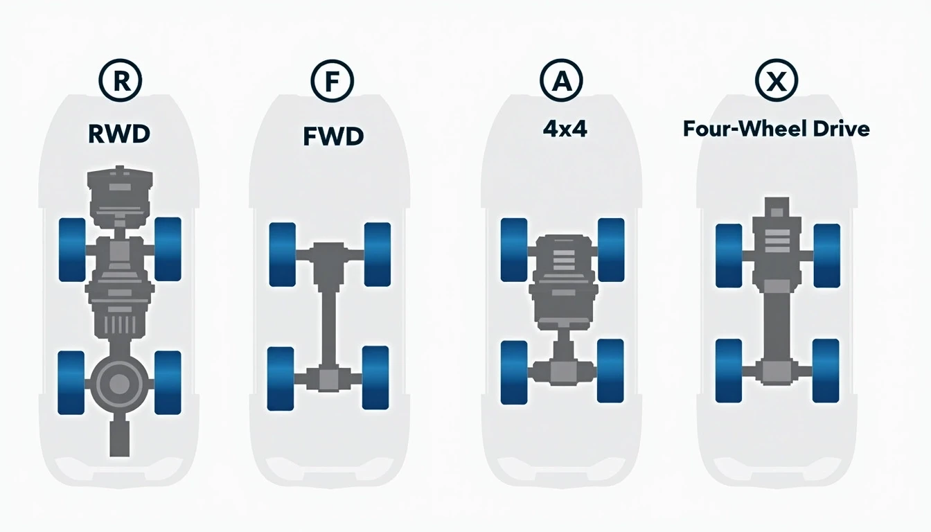Create a simplified diagram illustrating vehicle drivetrain layouts with four configurations: Rear-Wheel Drive (RWD), Front-Wheel Drive (FWD), All-Wheel Drive (AWD), and Four-Wheel Drive (4x4).
1. **Design Features**:
- Use abstract shapes instead of detailed engine and wheel designs.
- Change tire color to blue and modify the axle layout for a more stylized appearance.
- Use geometric icons to represent drivetrain components instead of realistic images.
2. **Text Labels**:
- Replace the current text labels with symbols or simplified titles, such as “R”, “F”, “A”, and “X” to denote each configuration.
3. **Background**:
- Use a contrasting color background, like light gray, to enhance the visibility of the diagram.
4. **Overall Layout**:
- Arrange the configurations in a linear format, ensuring equal spacing between each layout for clarity.
Make it clear, visually appealing, and easy to understand while removing any brand-specific references.