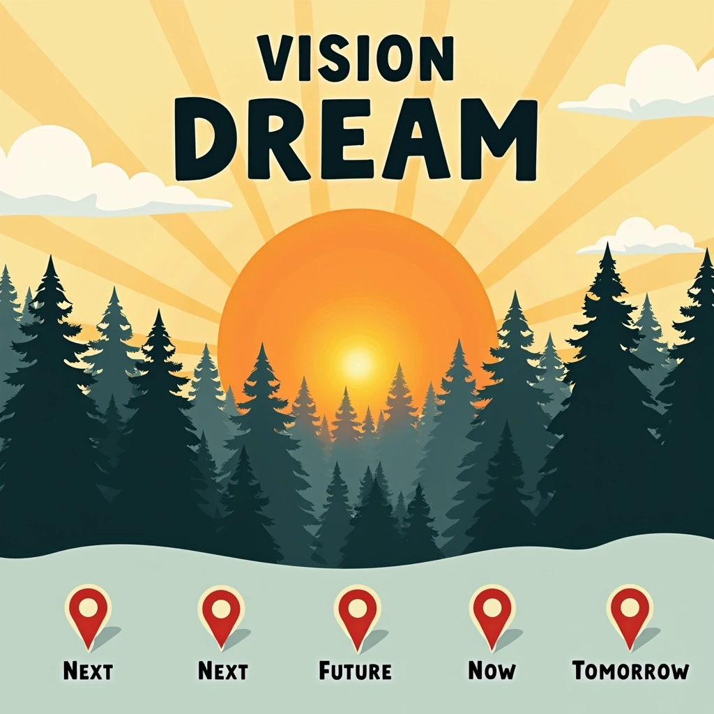 **Image Design Breakdown:**
1. **Background:**
- Change to a vibrant sunrise over a forest landscape, emphasizing new beginnings.
2. **Text Elements:**
- Replace "VISION" with "DREAM."
- Change "Next" to "Upcoming."
- Modify "Future" to "Tomorrow."
- Alter "Now" to "Present."
3. **Iconography:**
- Use simple arrows instead of location pins for directional emphasis.
- Consider incorporating a subtle graphic element, like clouds or rays of light, for a more uplifting feel.
4. **Color Palette:**
- Move from black and white to warm tones (yellows, oranges) for a more inviting aesthetic.
5. **Font Style:**
- Opt for a handwritten or casual font to convey a friendly and approachable tone.
This revised image would provide a motivational perspective while maintaining a focus on progress and aspirations.