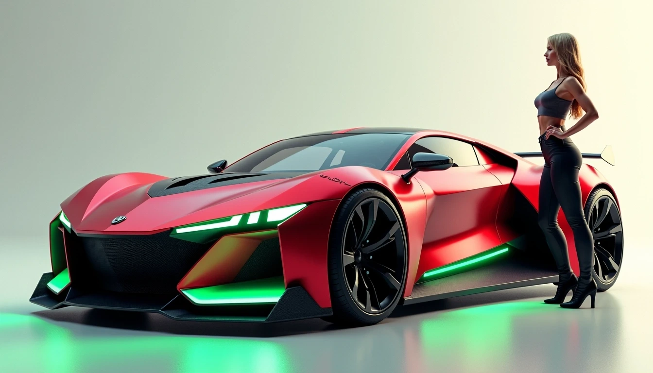 Design a futuristic sports car that embodies speed and power. The car should have a sleek, elongated body with sharp edges and a low profile. The front of the car should showcase a wide, aggressive grille without any brand logos, flanked by narrow, angular LED headlights. Change the body color to a deep metallic red, contrasted by neon green accents on the sides and rear. Ensure the car has larger, multi-spoke wheels with a matte finish and a pronounced rear wing for improved aerodynamics. Instead of visible branding elements, incorporate abstract designs or patterns into the design. To add a human touch, include a beautiful blonde woman standing next to the car.