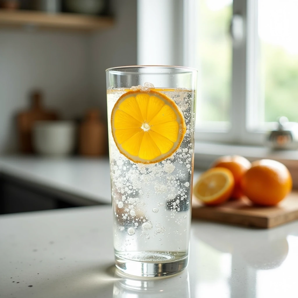 Design a transparent glass filled with sparkling water and a slice of orange instead of lemon. The glass should have a more rounded bottom, and the background can feature a simple kitchen counter without any brand references or clutter. Focus on the bubbles rising in the drink, emphasizing the freshness and effervescence.